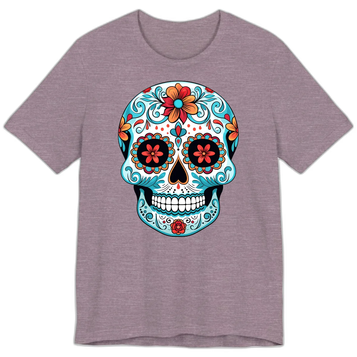 Vibrant Floral Calavera Sugar Skull Art Premium T-Shirt in Heather Purple