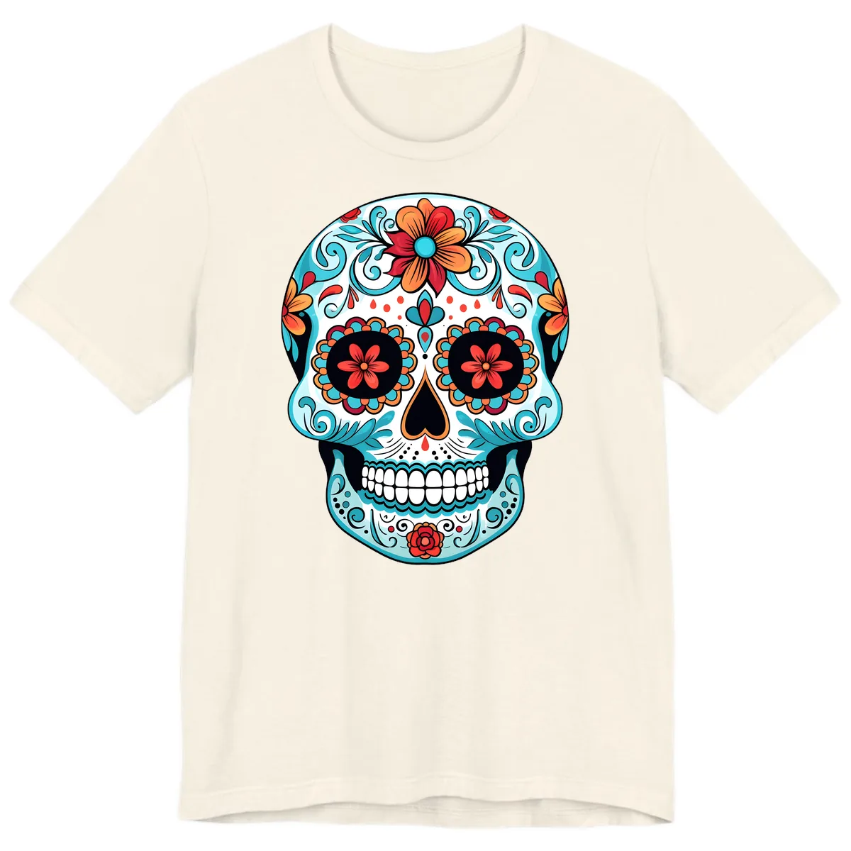 Vibrant Floral Calavera Sugar Skull Art Premium T-Shirt in Natural