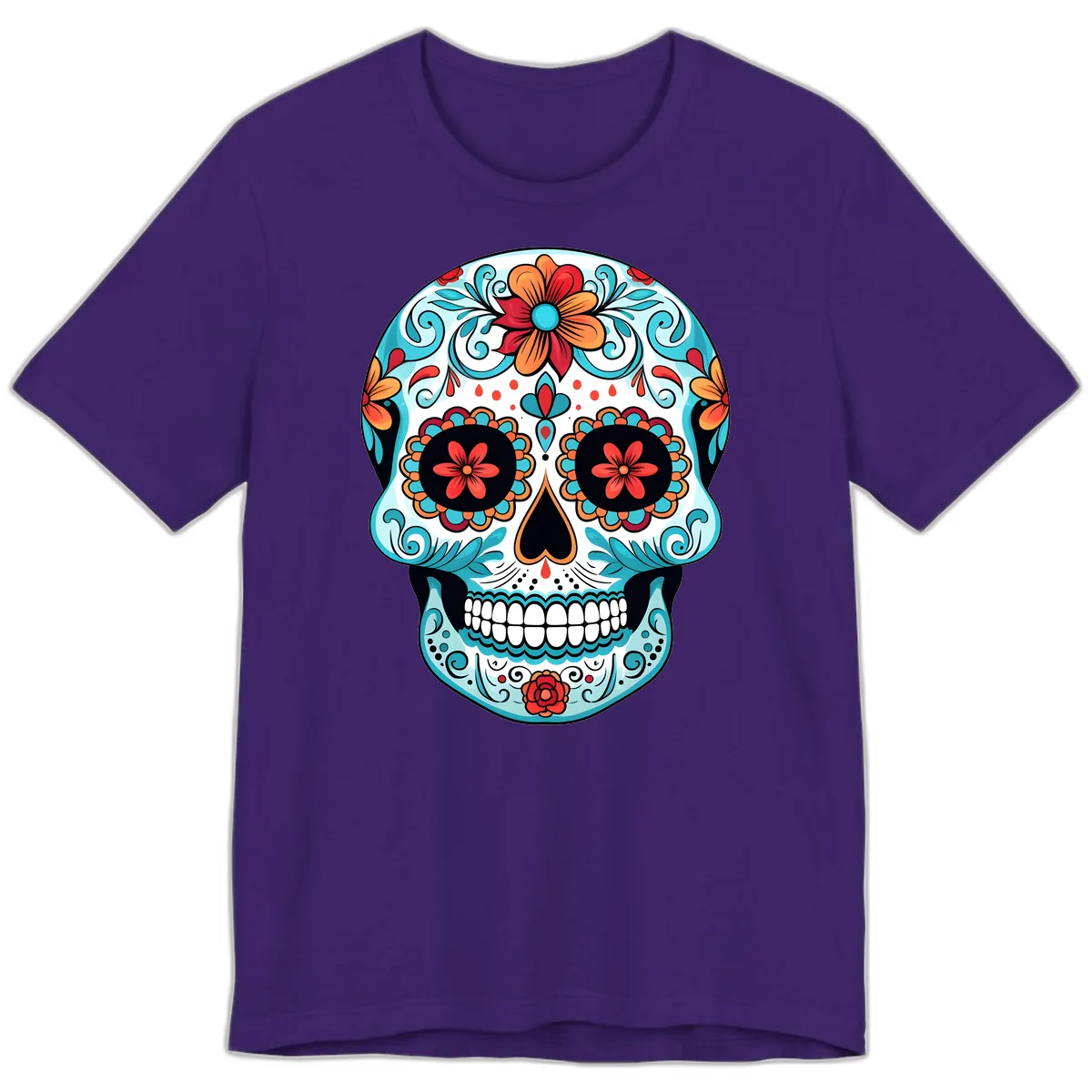 Vibrant Floral Calavera Sugar Skull Art Premium T-Shirt in Team Purple