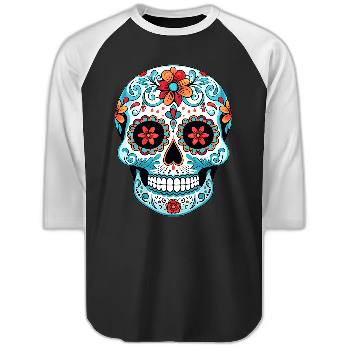 Vibrant Floral Calavera Sugar Skull Art Raglan 3/4 in Black White