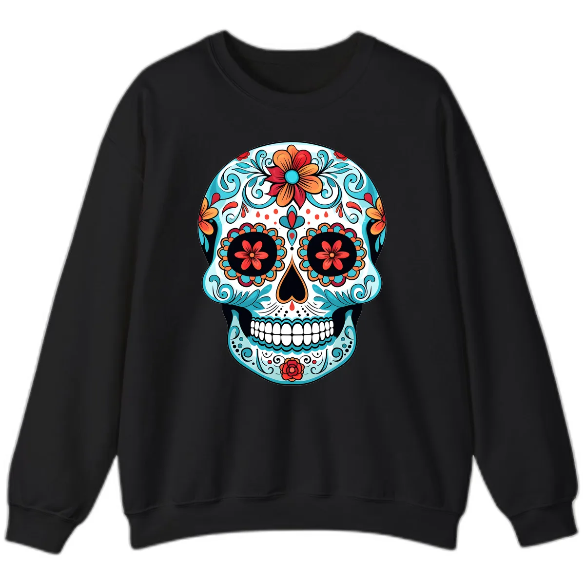 Vibrant Floral Calavera Sugar Skull Art Sweatshirt in Black