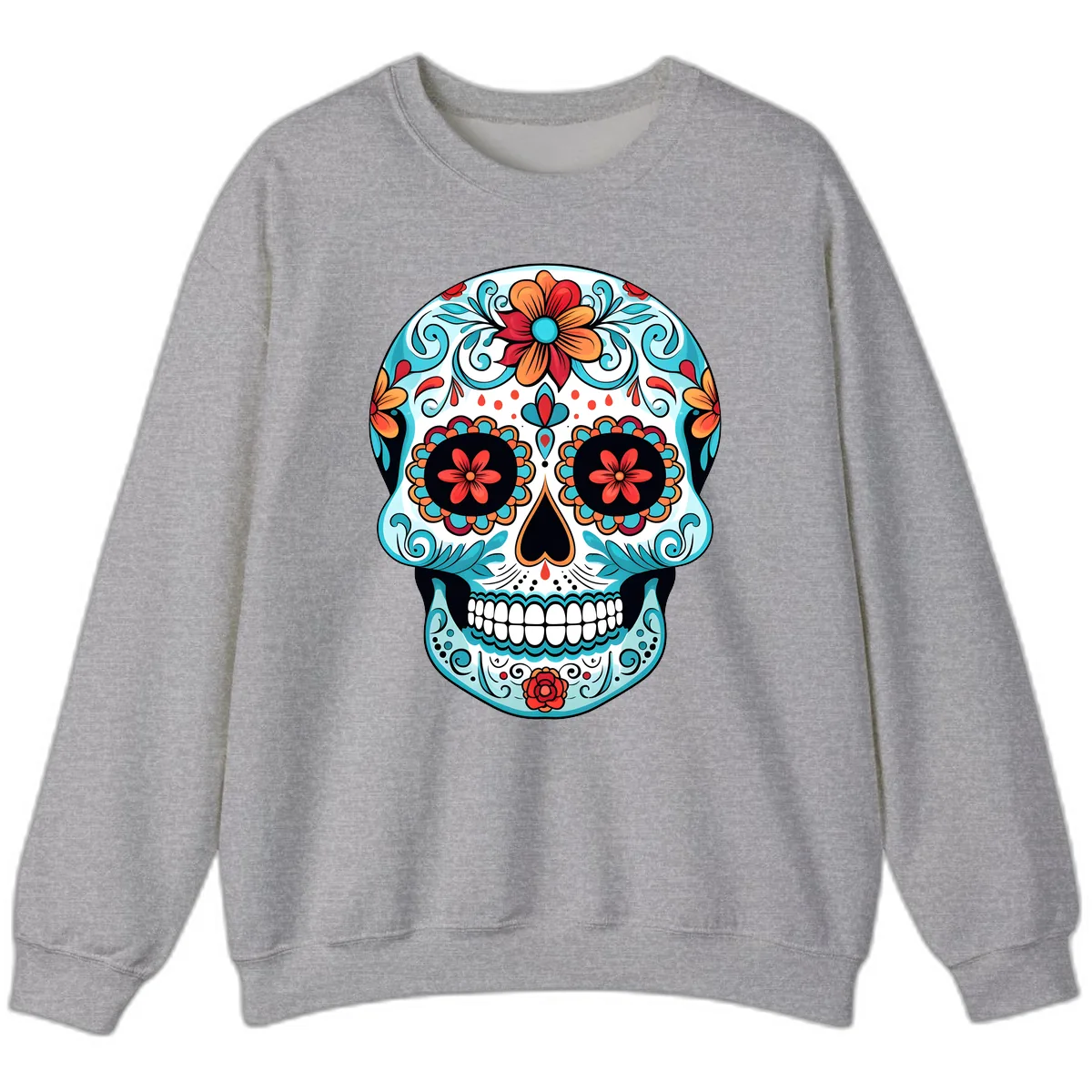 Vibrant Floral Calavera Sugar Skull Art Sweatshirt in Sport Grey