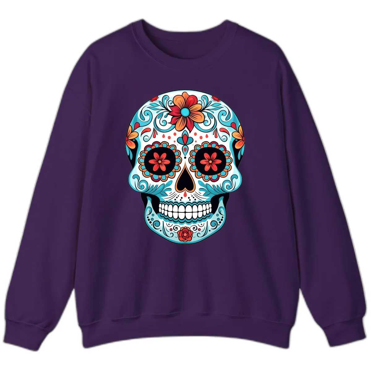 Vibrant Floral Calavera Sugar Skull Art Sweatshirt in Purple