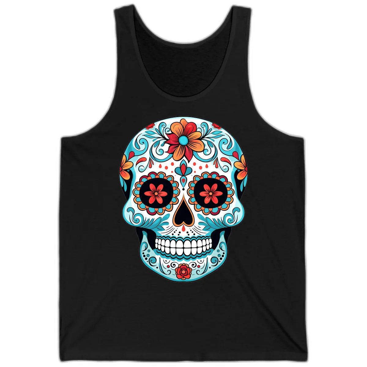 Vibrant Floral Calavera Sugar Skull Art Tank in Black
