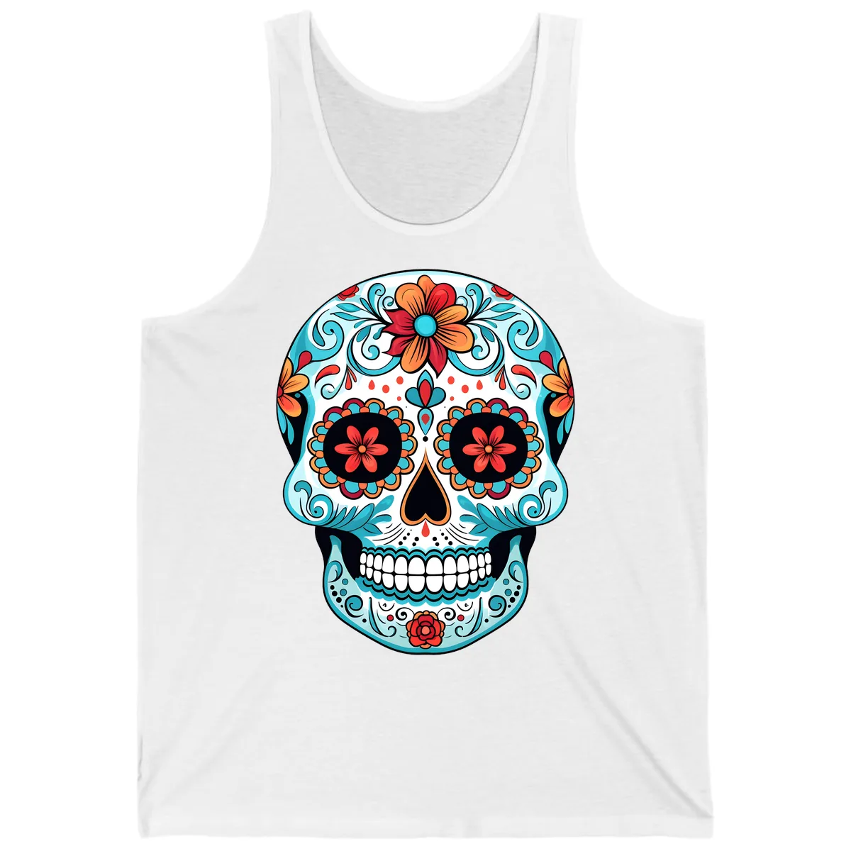 Vibrant Floral Calavera Sugar Skull Art Tank in White