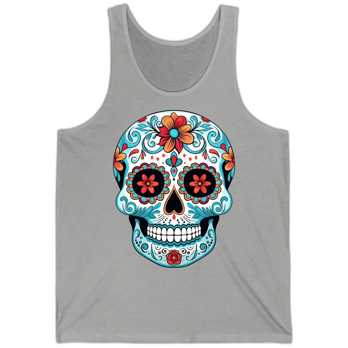 Vibrant Floral Calavera Sugar Skull Art Tank in Athletic Heather