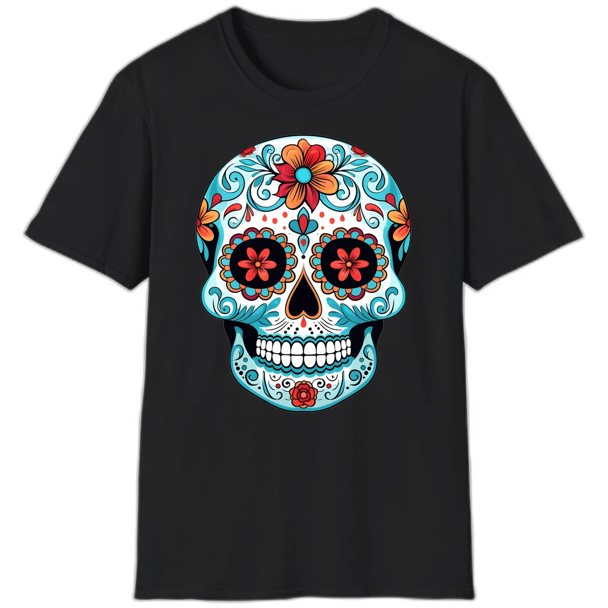 Vibrant Floral Calavera Sugar Skull Art T-Shirt in Black