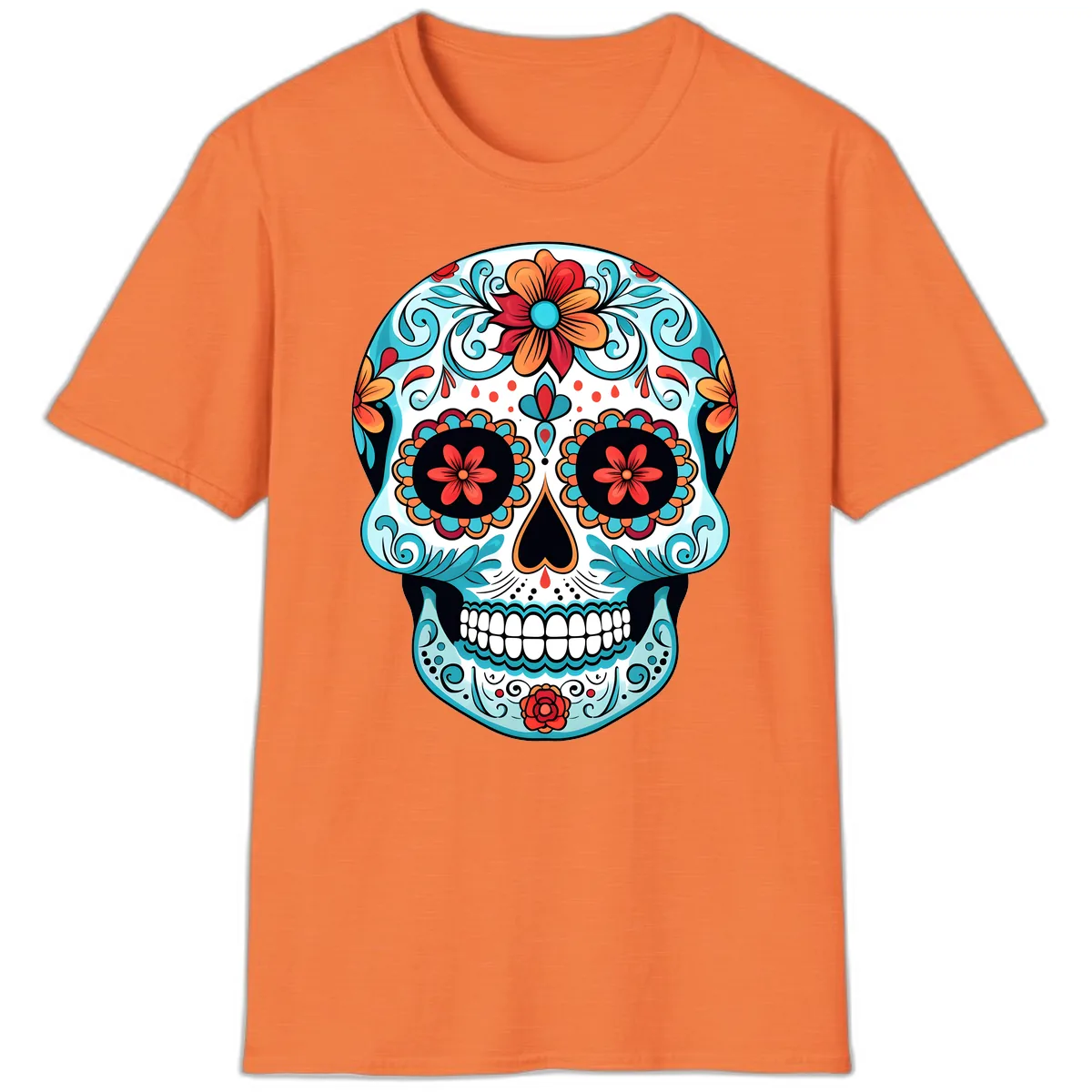 Vibrant Floral Calavera Sugar Skull Art T-Shirt in Heather Orange
