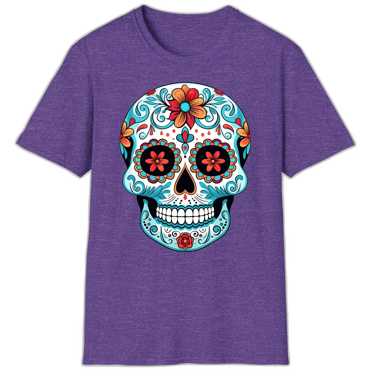 Vibrant Floral Calavera Sugar Skull Art T-Shirt in Heather Purple