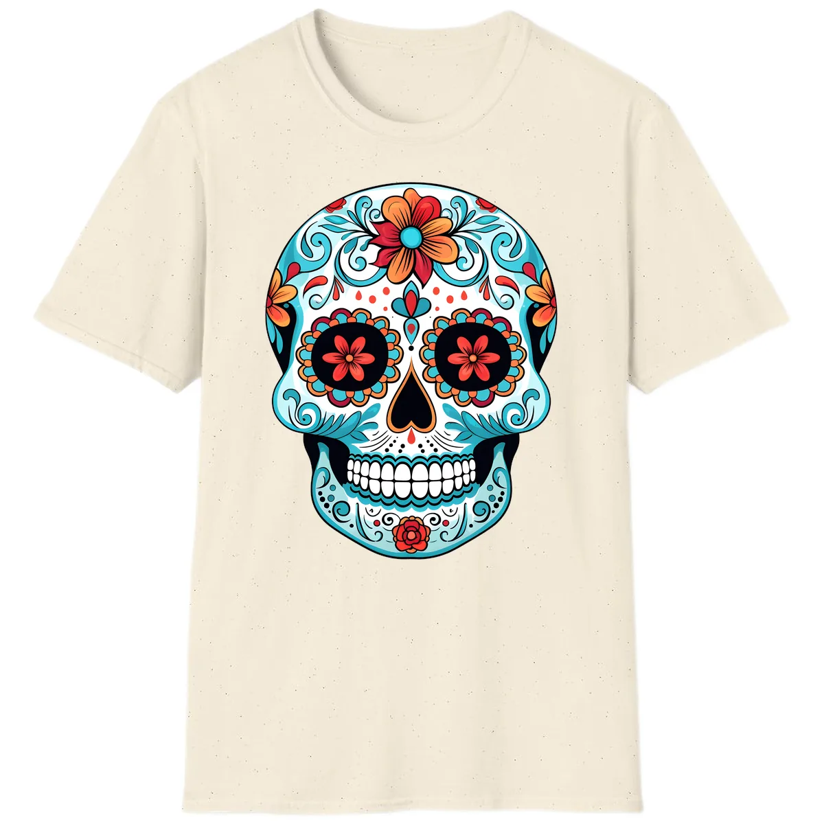 Vibrant Floral Calavera Sugar Skull Art T-Shirt in Natural