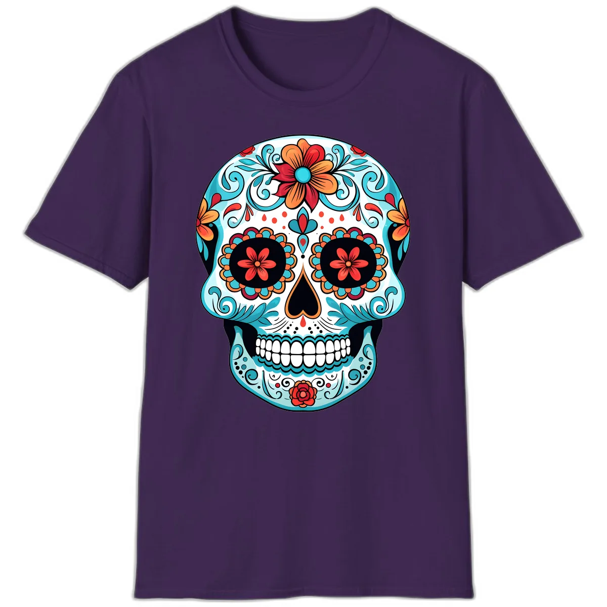 Vibrant Floral Calavera Sugar Skull Art T-Shirt in Purple