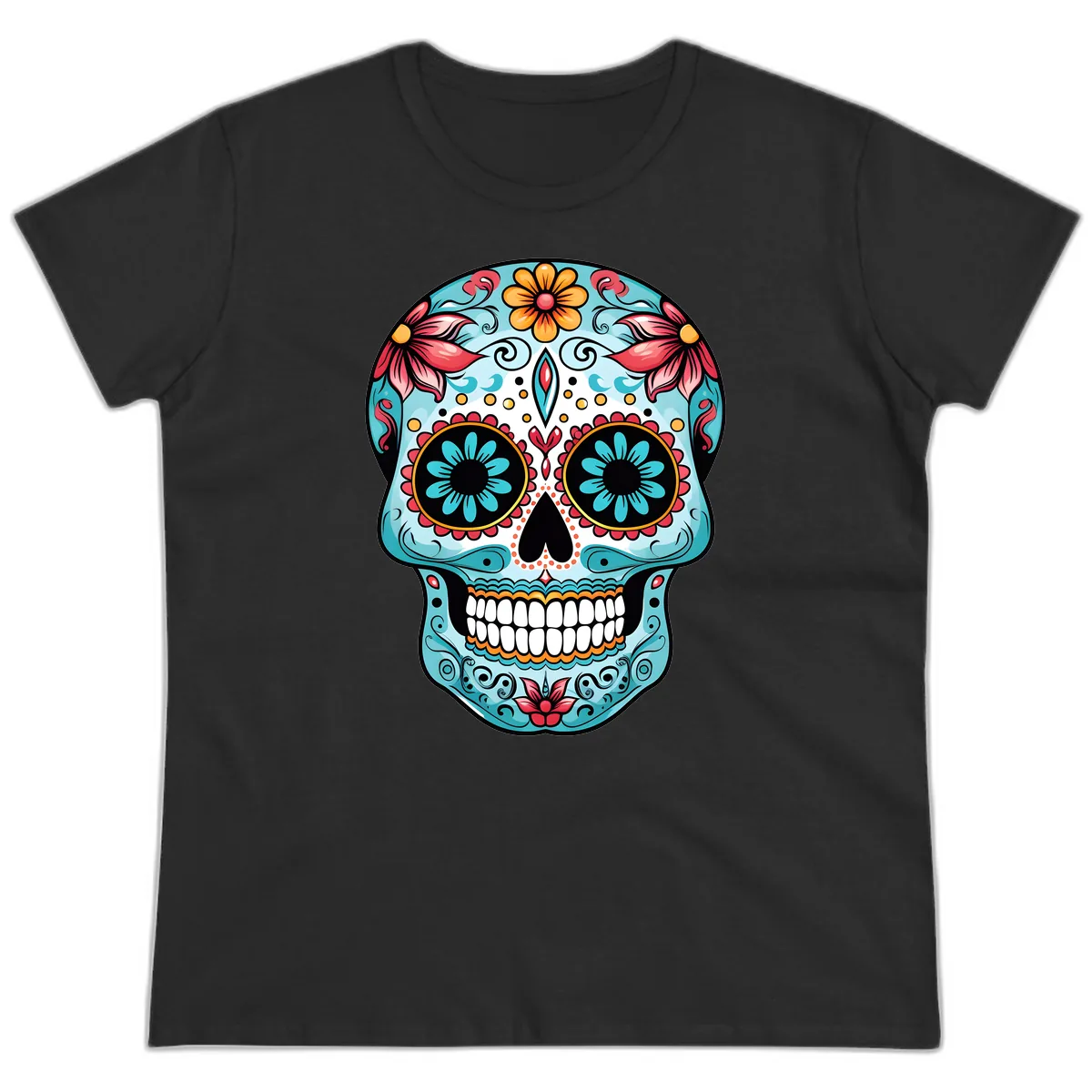 Floral Calavera Sugar Skull Day Of The Dead Art Ladies Tee in Black