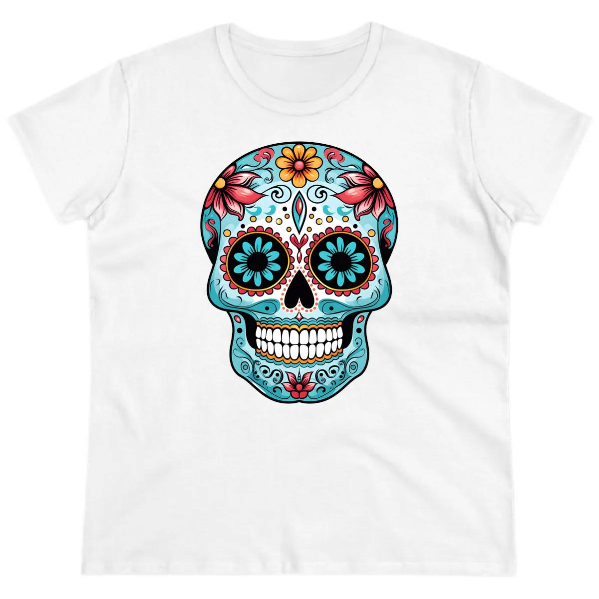 Floral Calavera Sugar Skull Day Of The Dead Art Ladies Tee in White