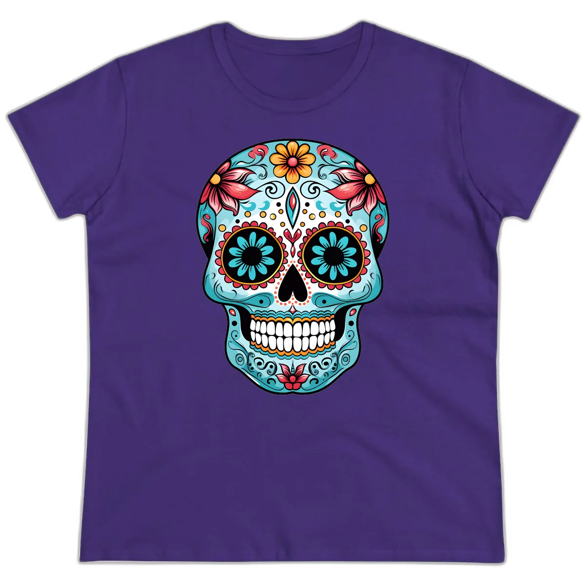 Floral Calavera Sugar Skull Day Of The Dead Art Ladies Tee in Purple