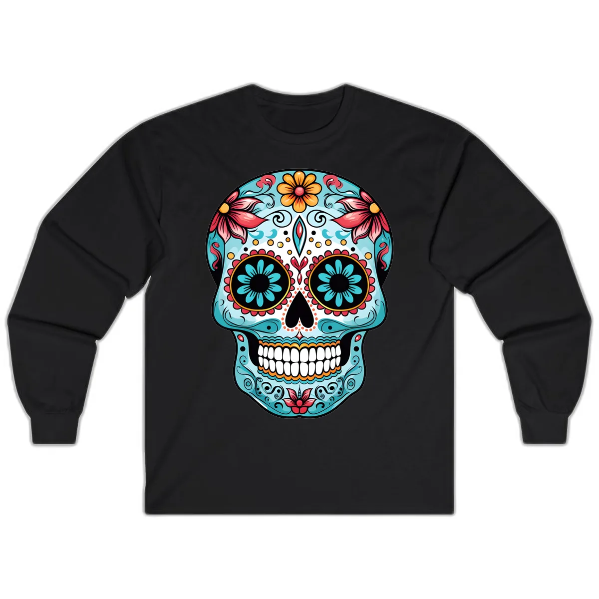 Floral Calavera Sugar Skull Day Of The Dead Art Long Sleeve in Black