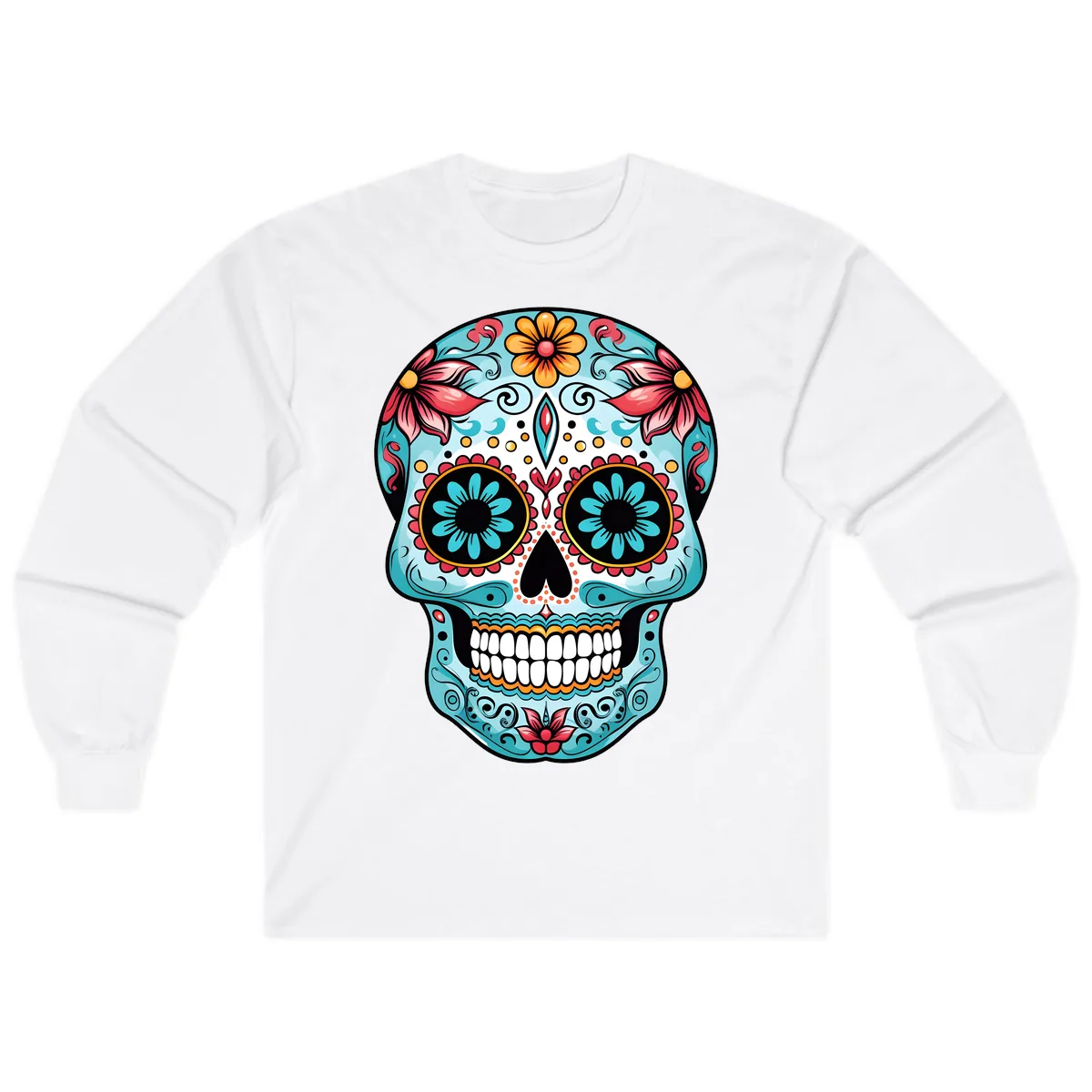 Floral Calavera Sugar Skull Day Of The Dead Art Long Sleeve in White
