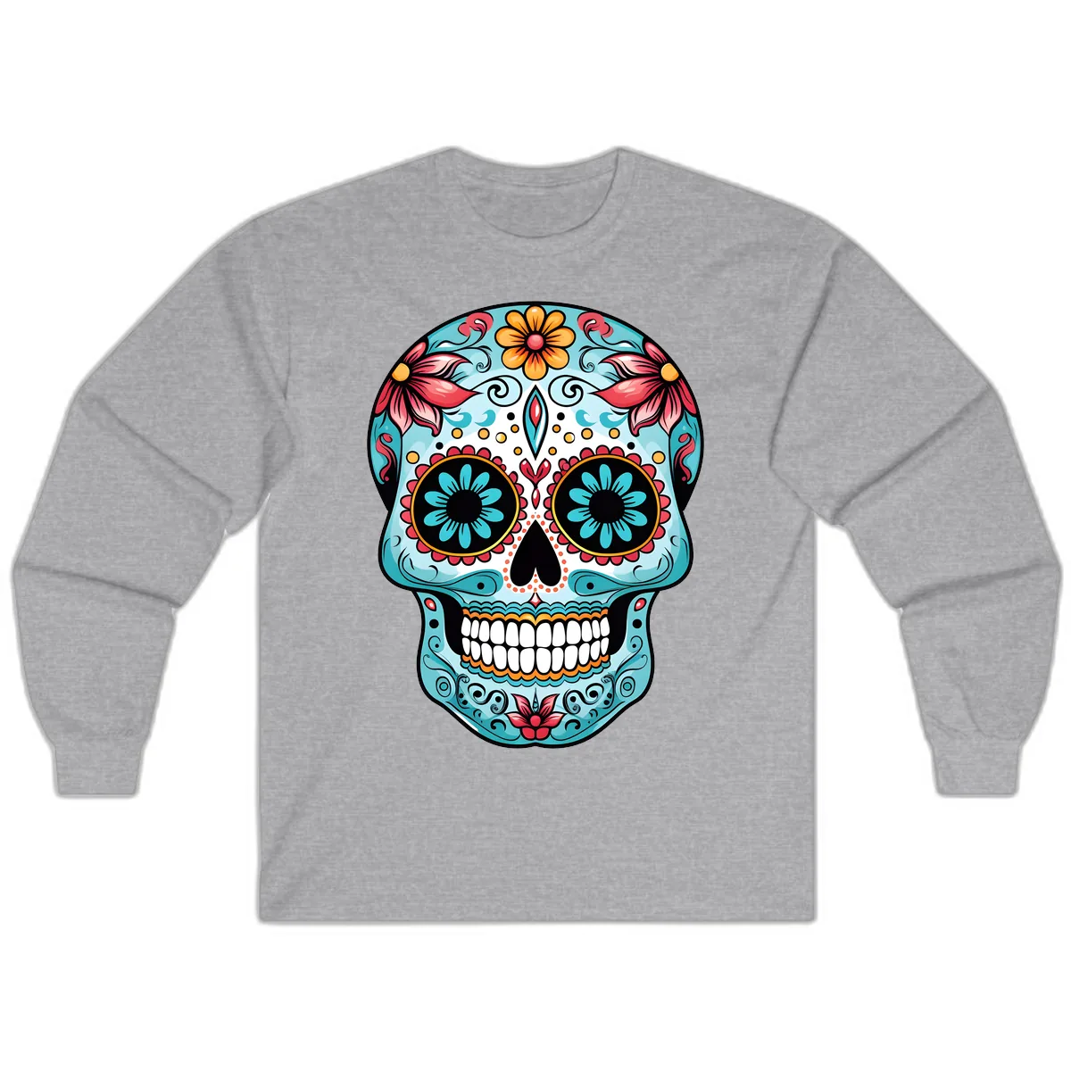 Floral Calavera Sugar Skull Day Of The Dead Art Long Sleeve in Sport Grey