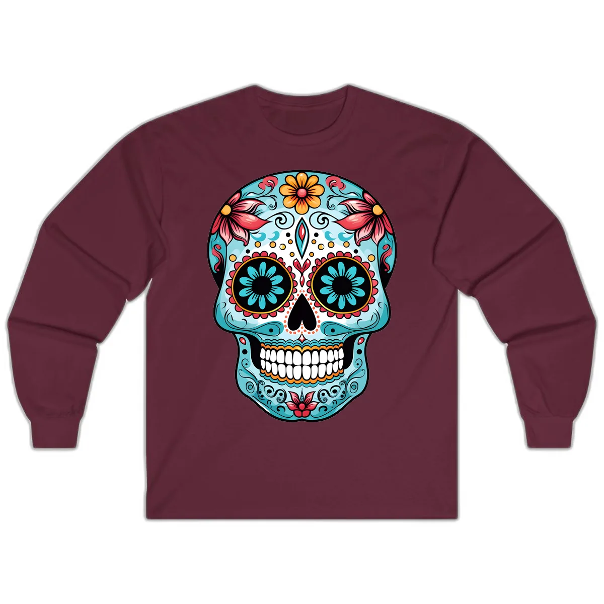 Floral Calavera Sugar Skull Day Of The Dead Art Long Sleeve in Maroon
