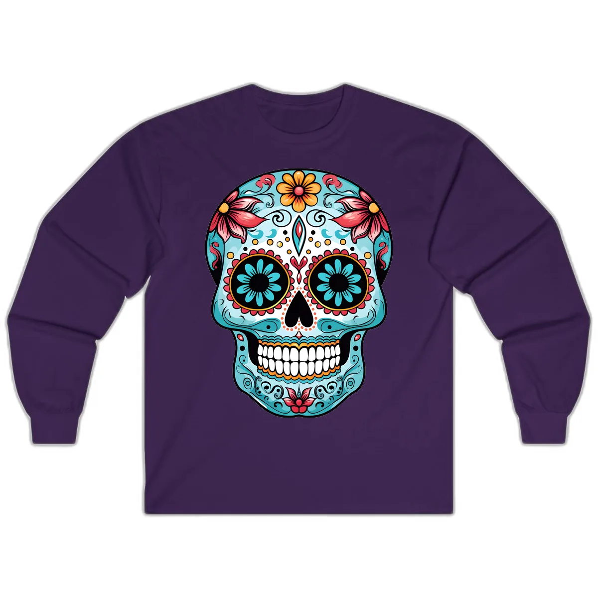 Floral Calavera Sugar Skull Day Of The Dead Art Long Sleeve in Purple