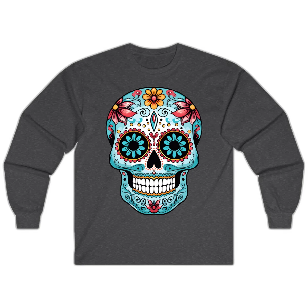 Floral Calavera Sugar Skull Day Of The Dead Art Long Sleeve in Dark Heather