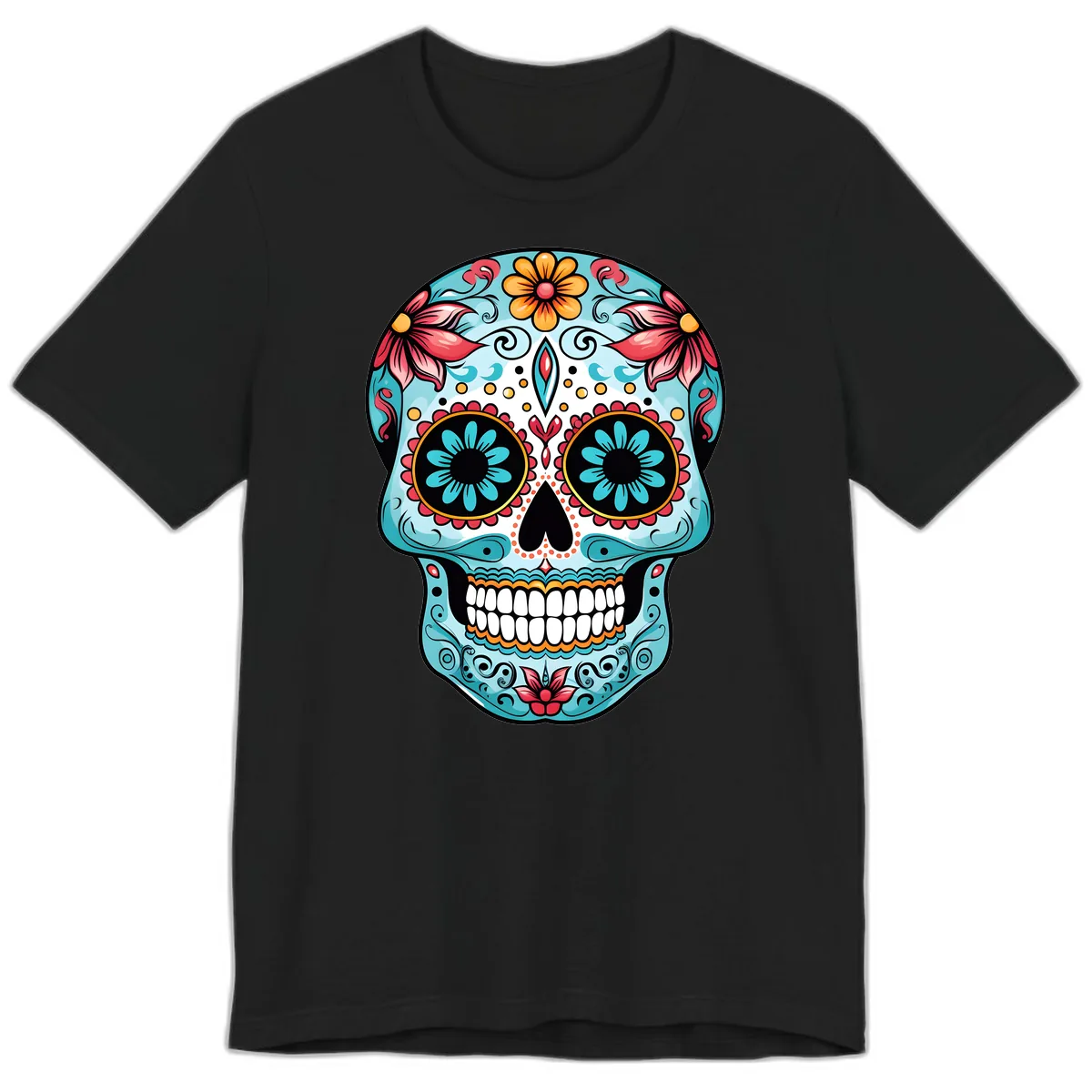 Floral Calavera Sugar Skull Day Of The Dead Art Premium T-Shirt in Black