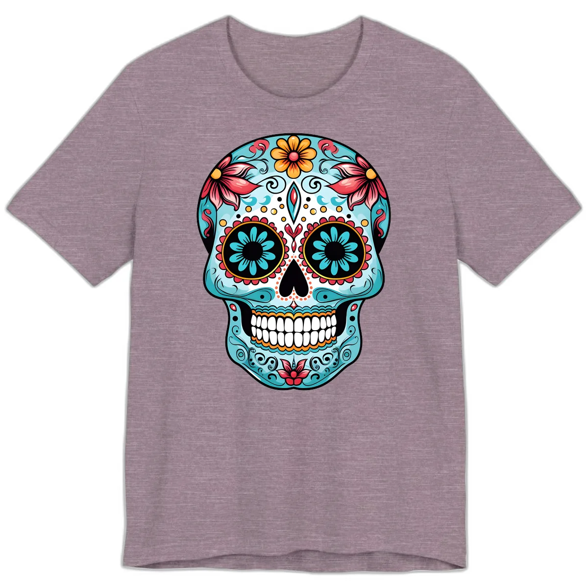 Floral Calavera Sugar Skull Day Of The Dead Art Premium T-Shirt in Heather Purple