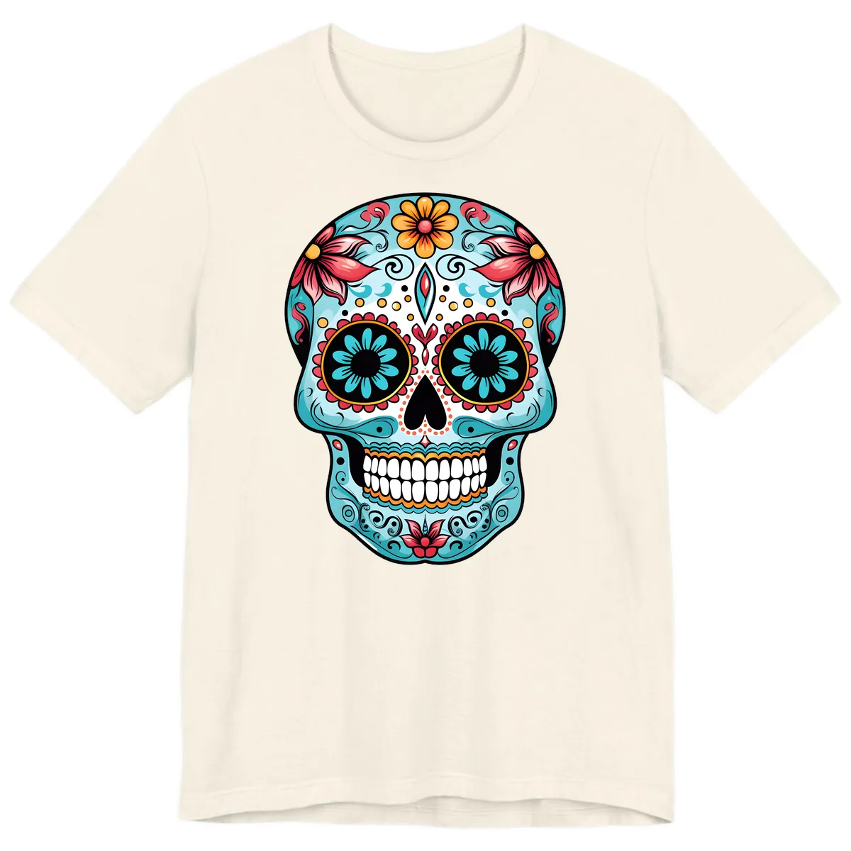 Floral Calavera Sugar Skull Day Of The Dead Art Premium T-Shirt in Natural