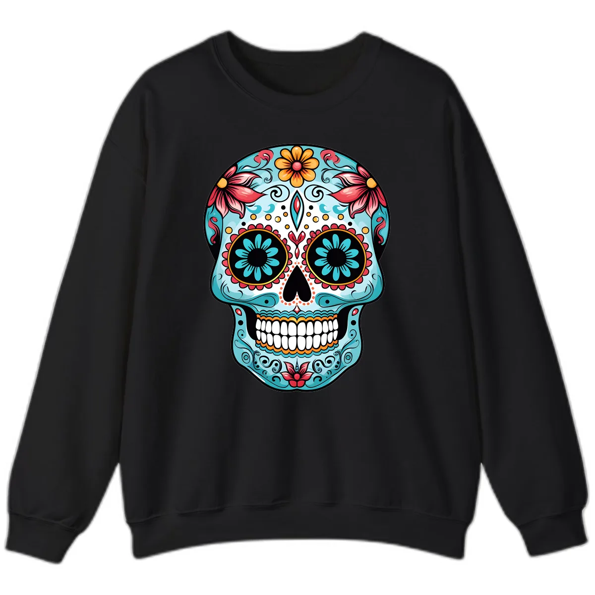 Floral Calavera Sugar Skull Day Of The Dead Art Sweatshirt in Black