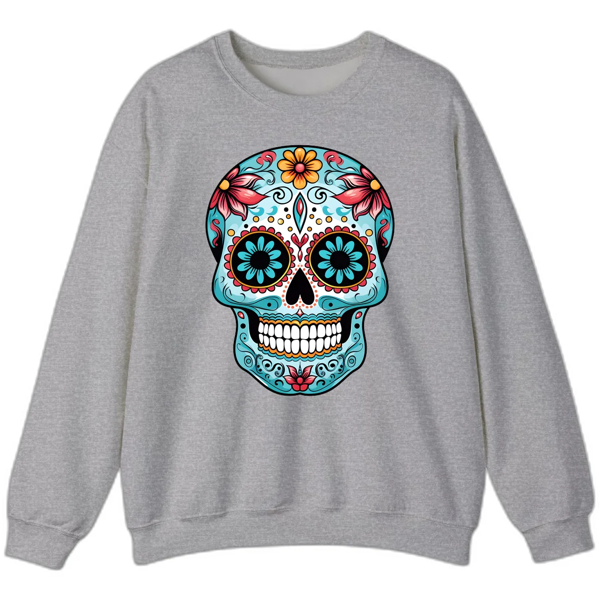 Floral Calavera Sugar Skull Day Of The Dead Art Sweatshirt in Sport Grey