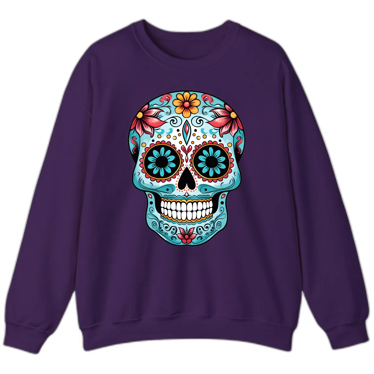 Floral Calavera Sugar Skull Day Of The Dead Art Sweatshirt in Purple