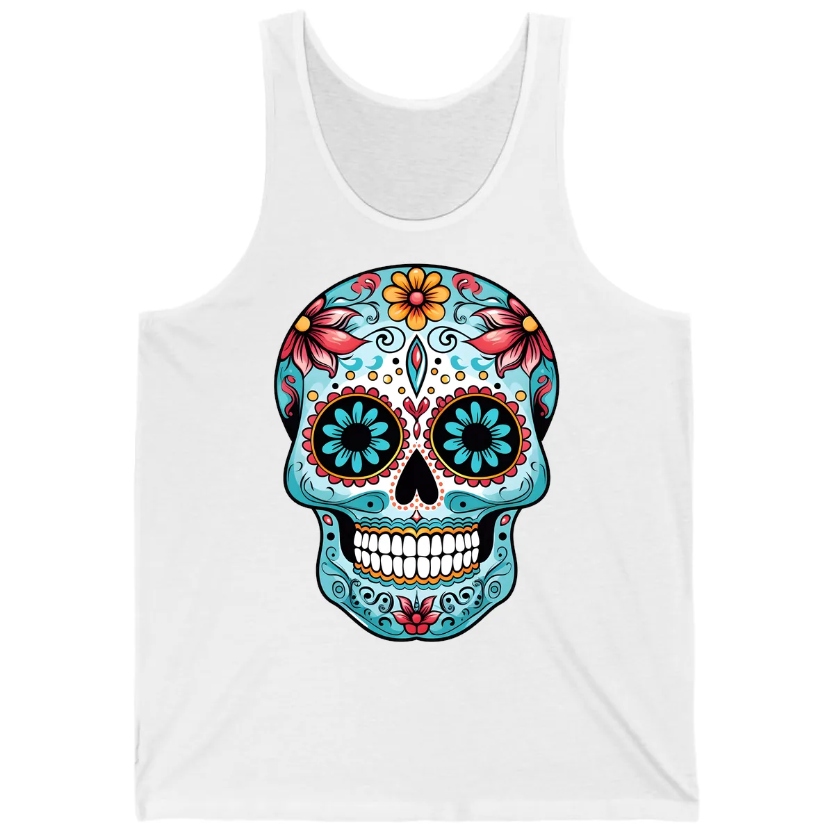 Floral Calavera Sugar Skull Day Of The Dead Art Tank in White