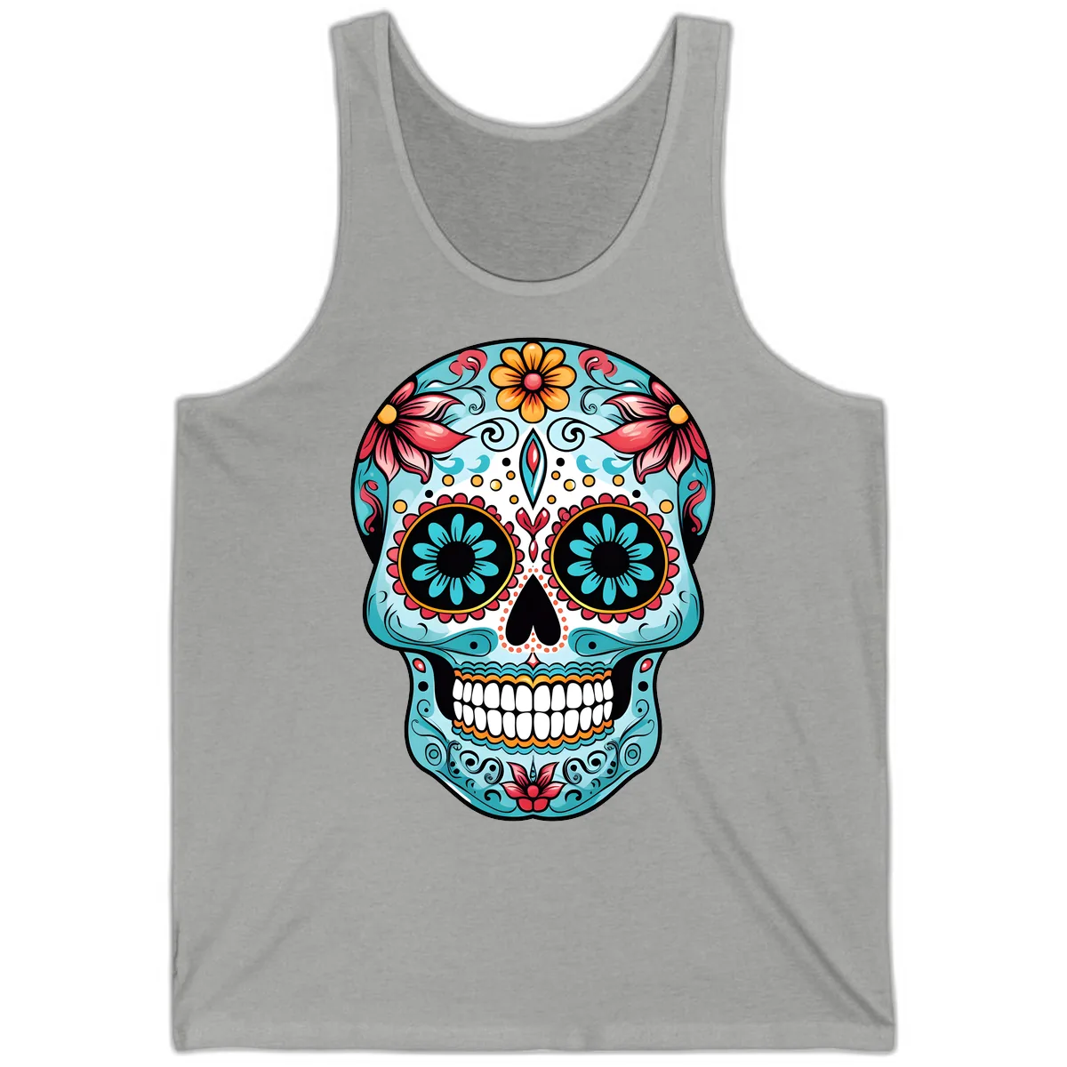 Floral Calavera Sugar Skull Day Of The Dead Art Tank in Athletic Heather