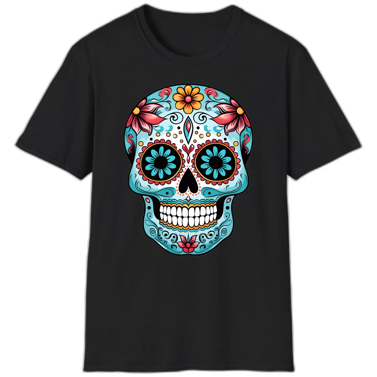 Floral Calavera Sugar Skull Day Of The Dead Art T-Shirt in Black