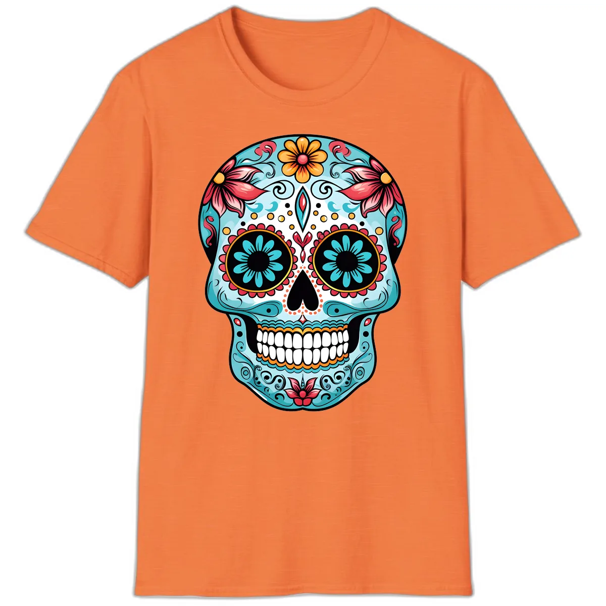 Floral Calavera Sugar Skull Day Of The Dead Art T-Shirt in Heather Orange