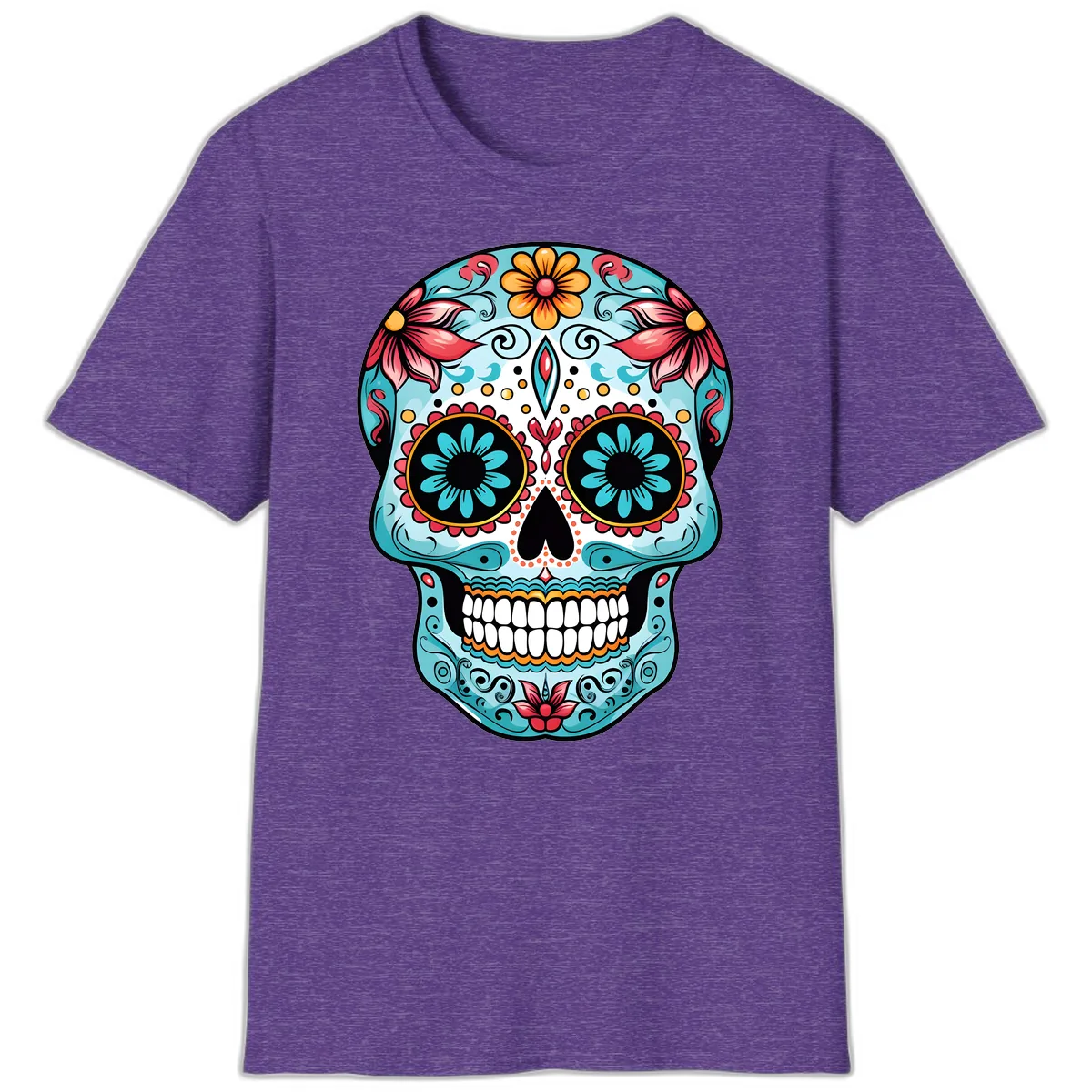 Floral Calavera Sugar Skull Day Of The Dead Art T-Shirt in Heather Purple