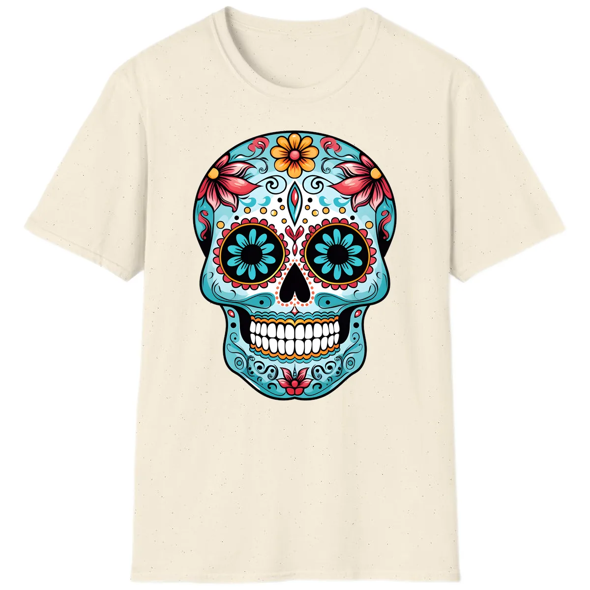 Floral Calavera Sugar Skull Day Of The Dead Art T-Shirt in Natural