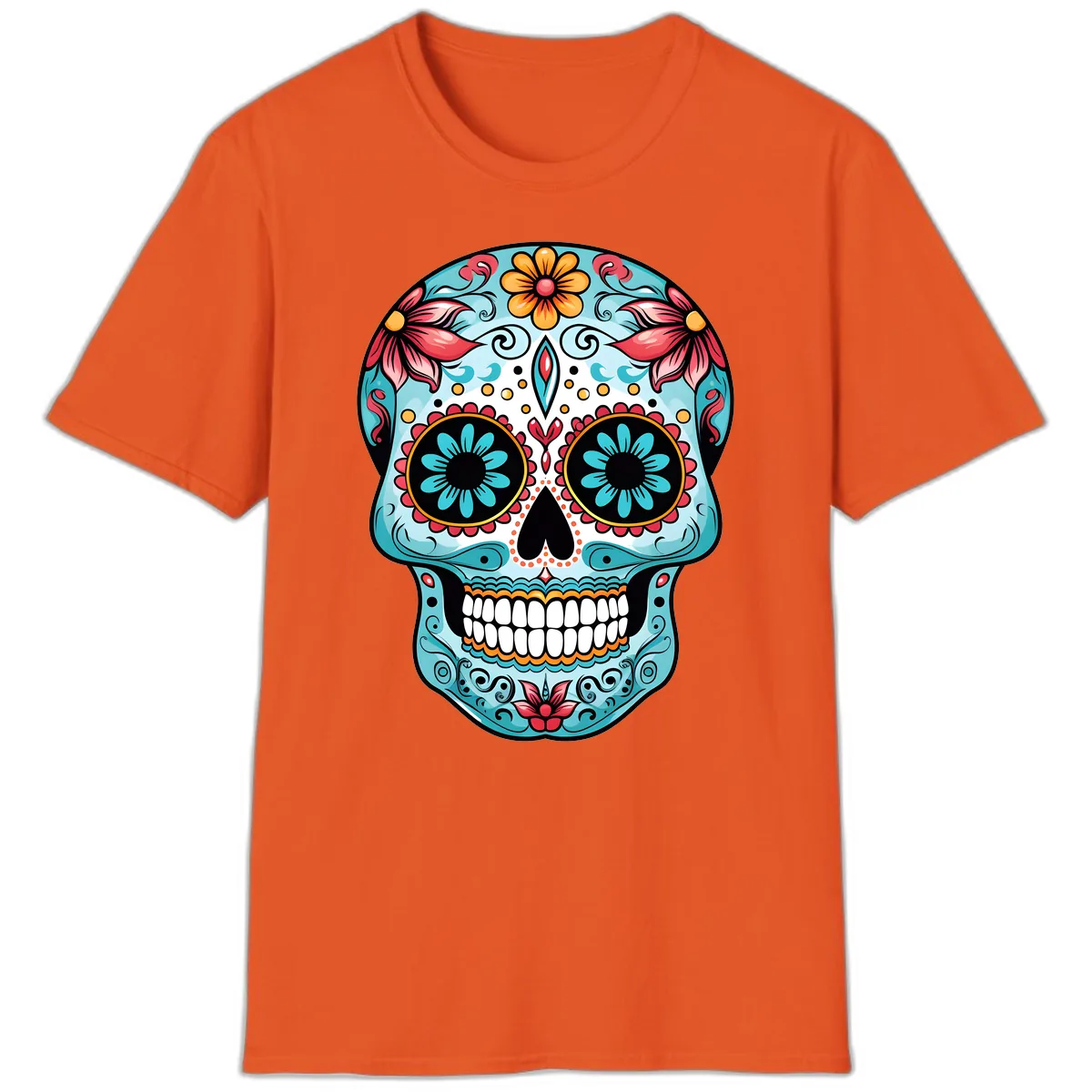 Floral Calavera Sugar Skull Day Of The Dead Art T-Shirt in Orange