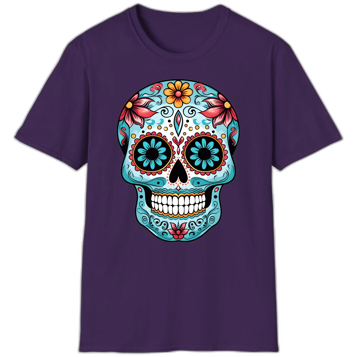 Floral Calavera Sugar Skull Day Of The Dead Art T-Shirt in Purple