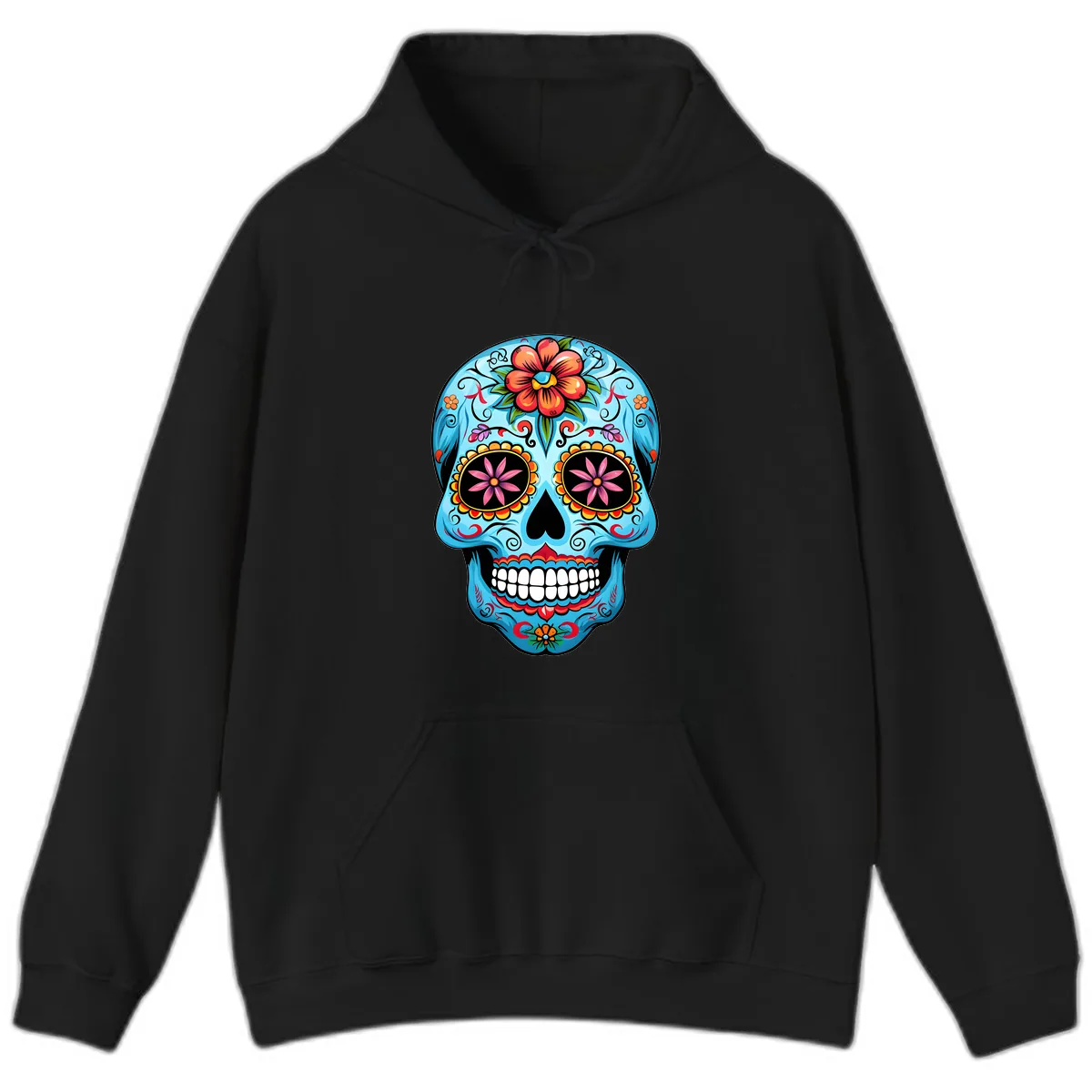 Vibrant Floral Calavera Sugar Skull Hoodie in Black