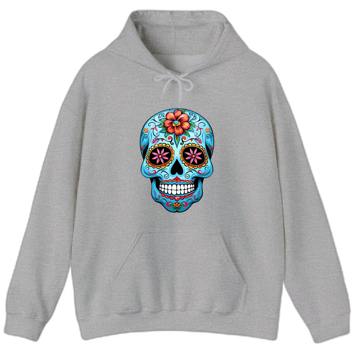 Vibrant Floral Calavera Sugar Skull Hoodie in Sport Grey