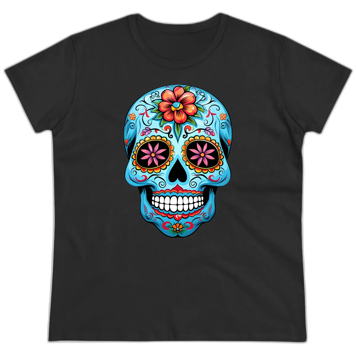 Vibrant Floral Calavera Sugar Skull Ladies Tee in Black