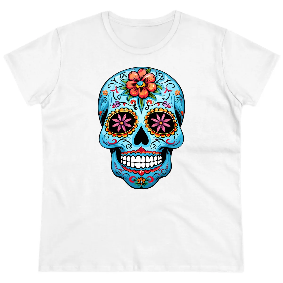Vibrant Floral Calavera Sugar Skull Ladies Tee in White