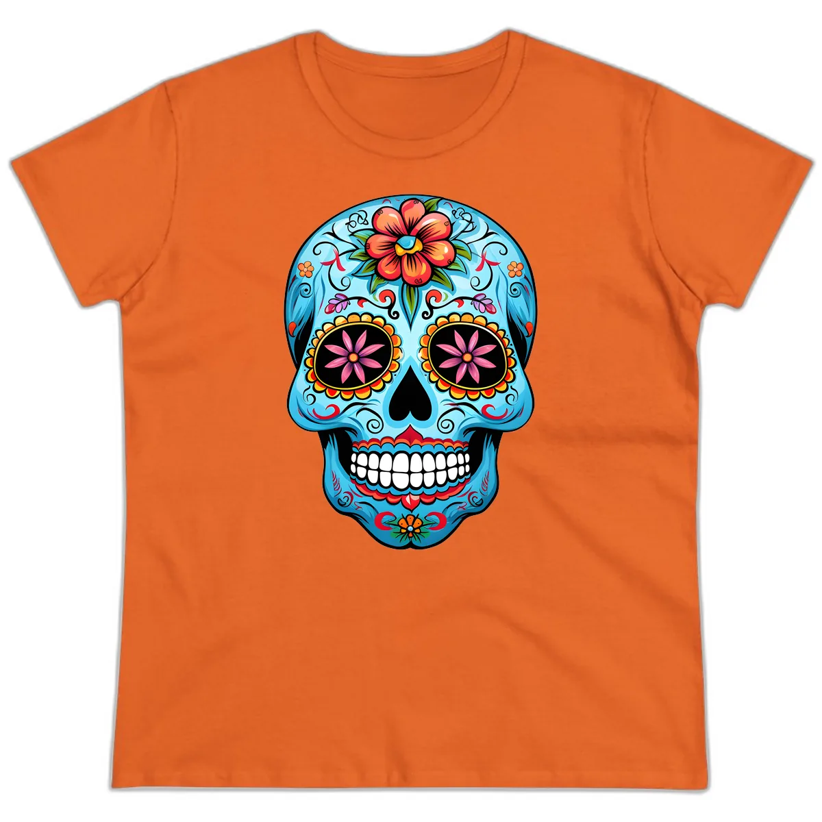 Vibrant Floral Calavera Sugar Skull Ladies Tee in Orange