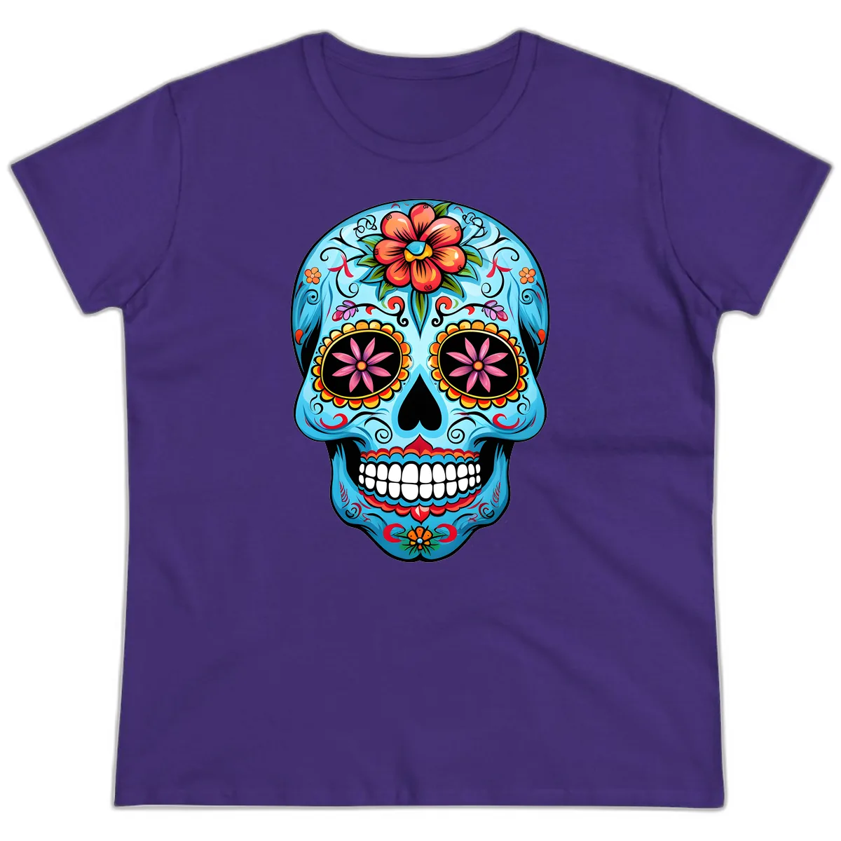 Vibrant Floral Calavera Sugar Skull Ladies Tee in Purple