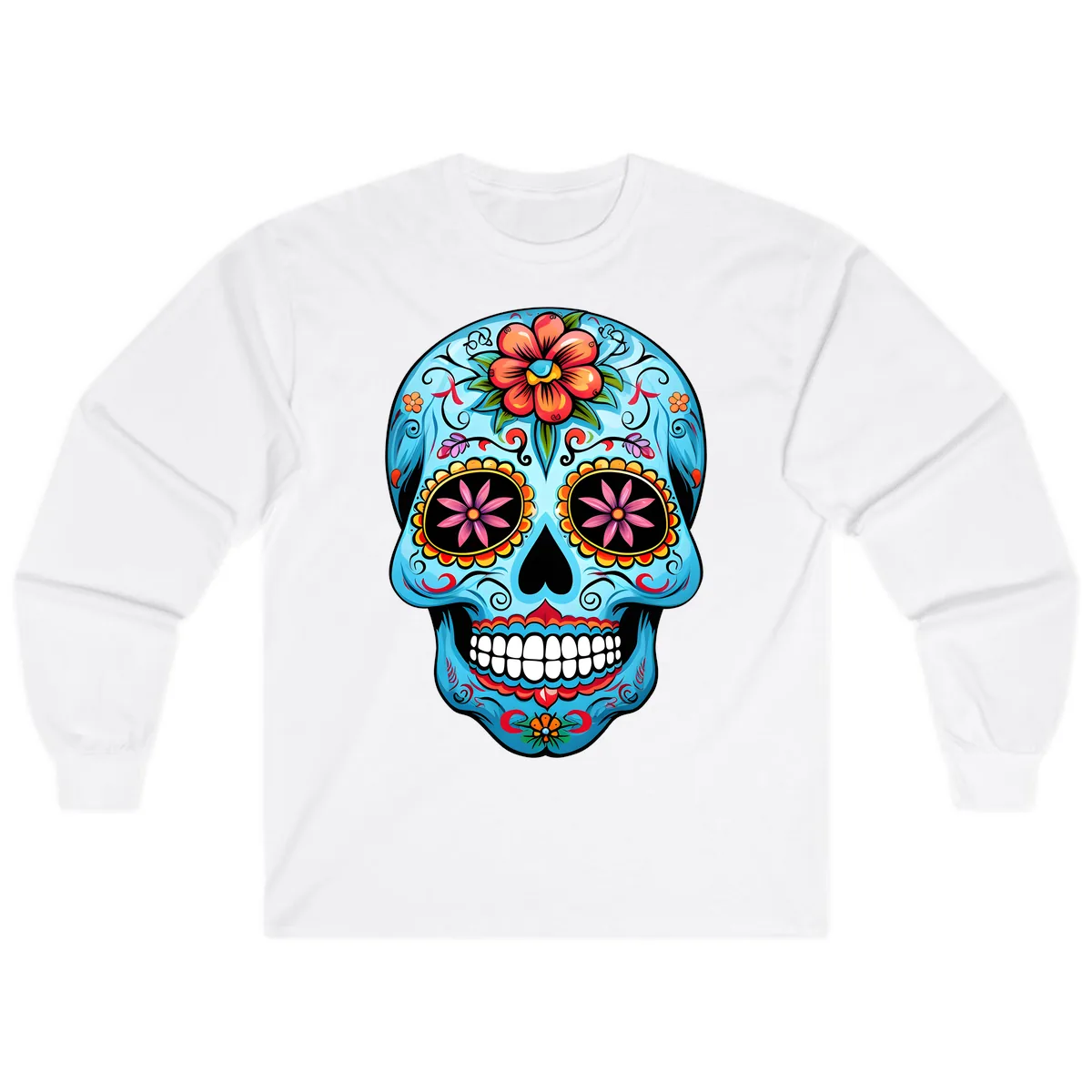 Vibrant Floral Calavera Sugar Skull Long Sleeve in White