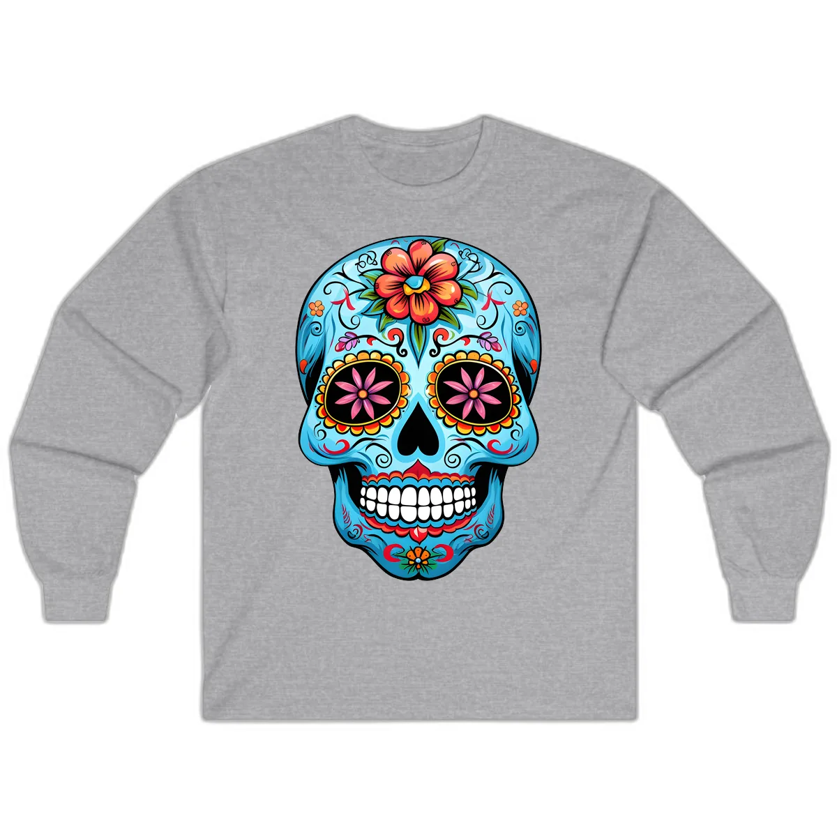 Vibrant Floral Calavera Sugar Skull Long Sleeve in Sport Grey