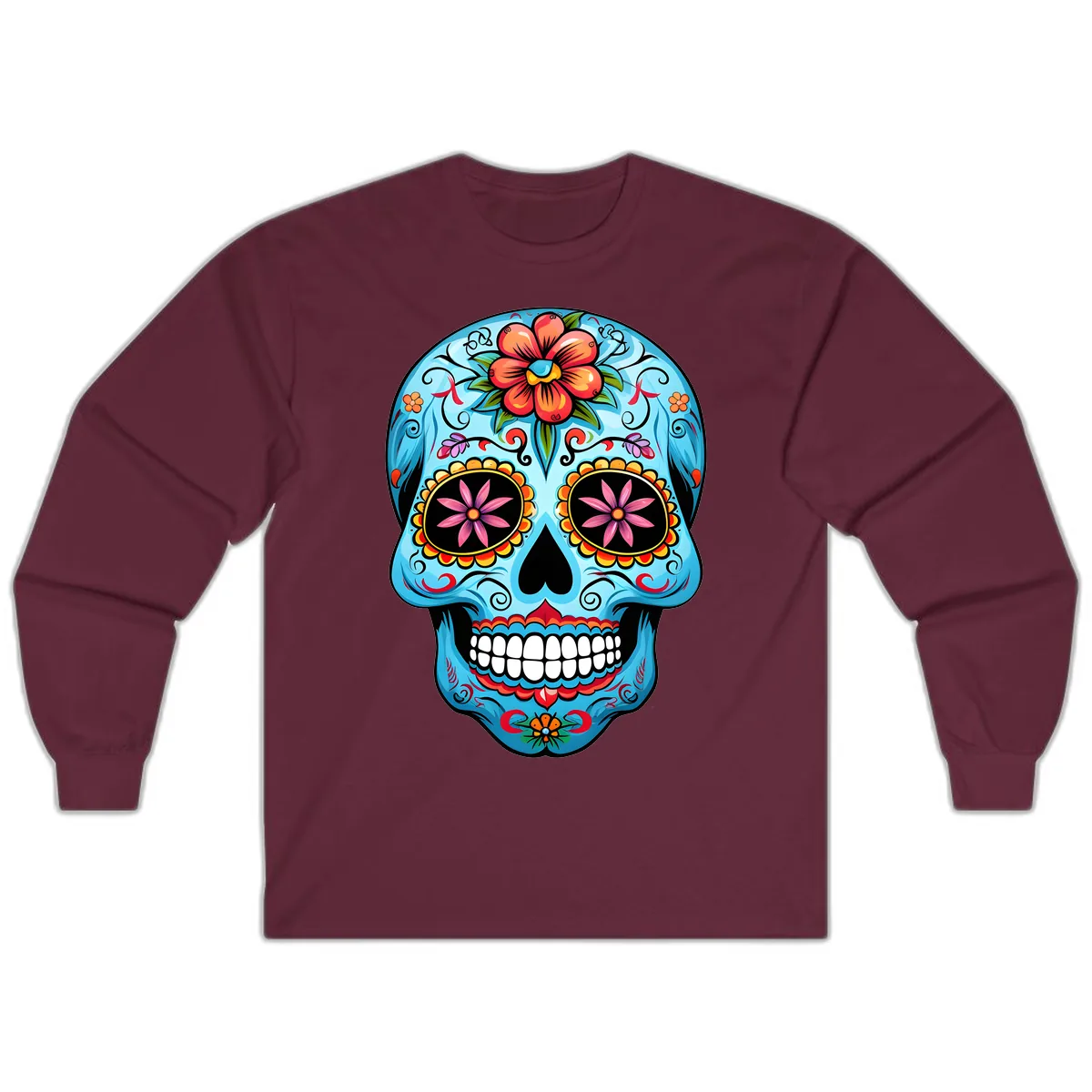 Vibrant Floral Calavera Sugar Skull Long Sleeve in Maroon