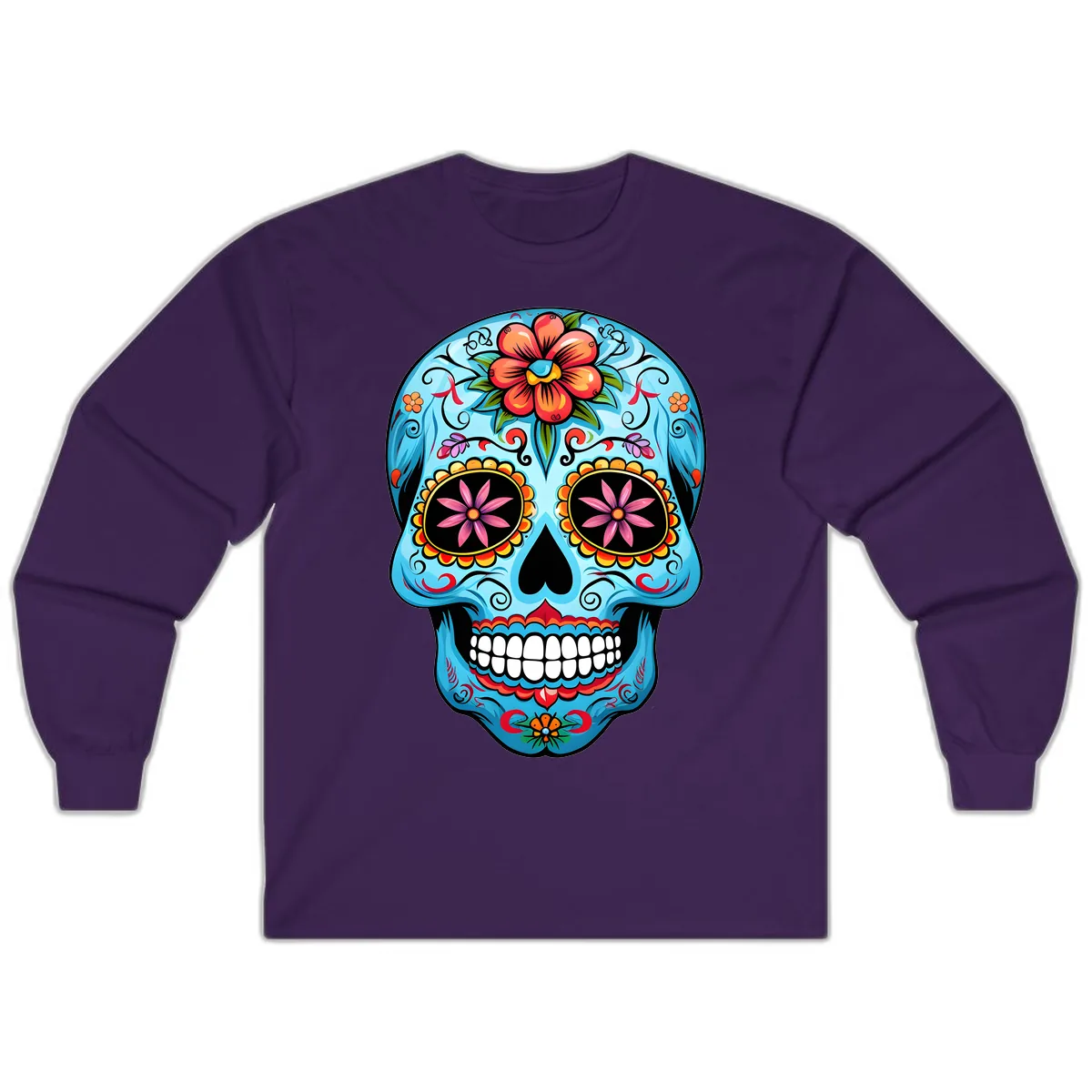 Vibrant Floral Calavera Sugar Skull Long Sleeve in Purple