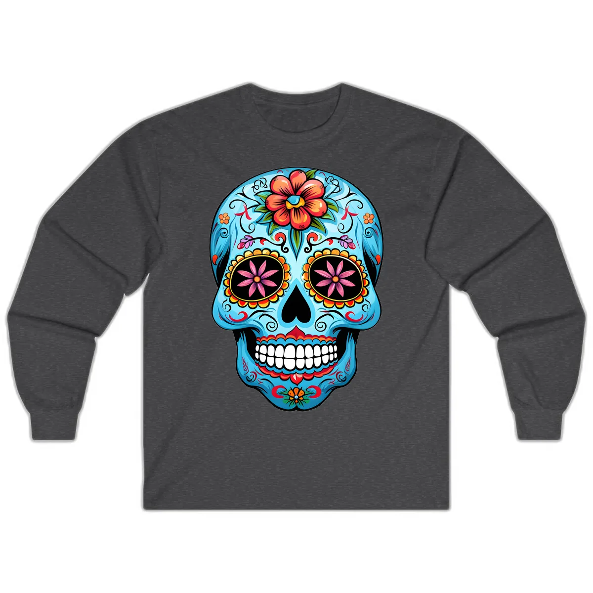 Vibrant Floral Calavera Sugar Skull Long Sleeve in Dark Heather
