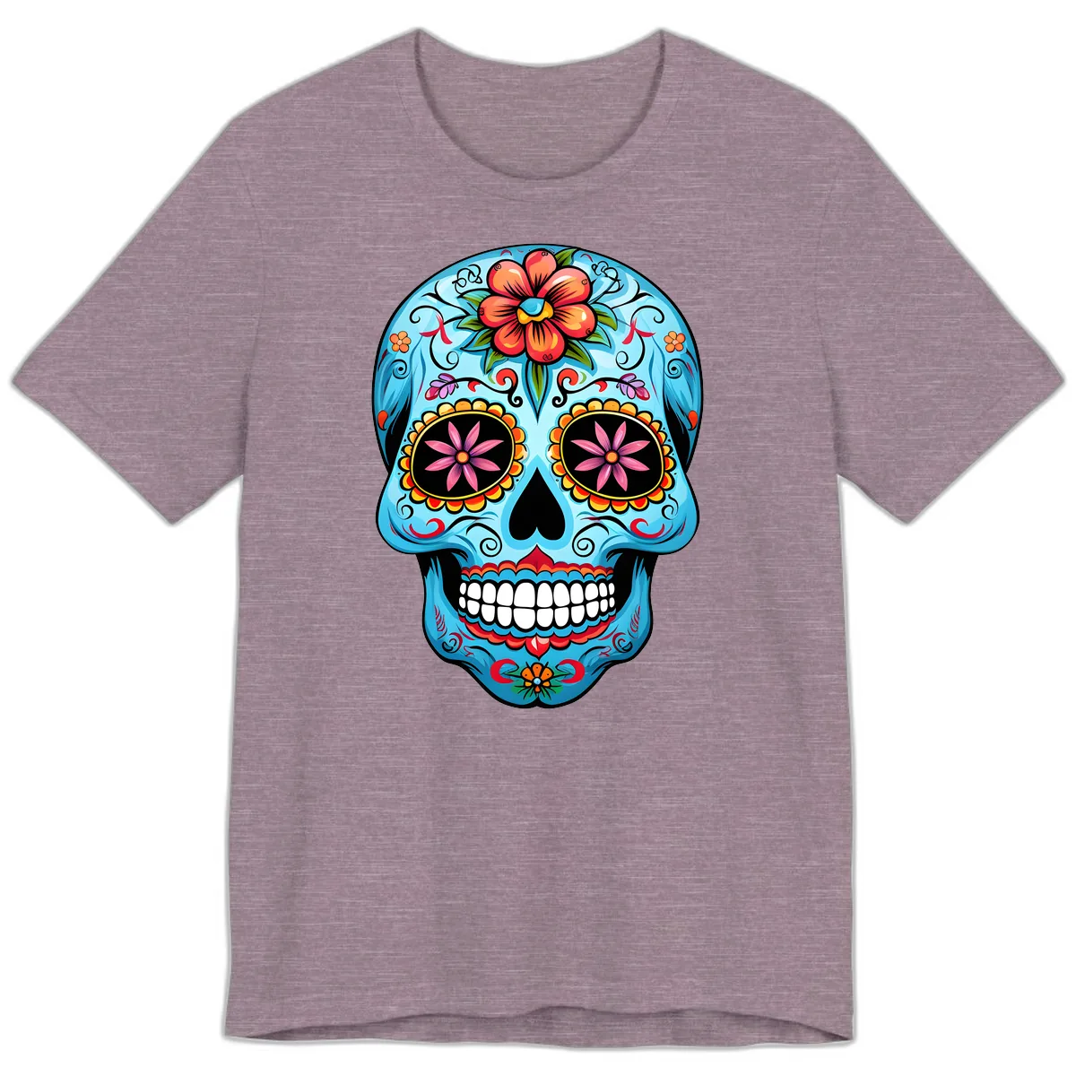 Vibrant Floral Calavera Sugar Skull Premium T-Shirt in Heather Purple